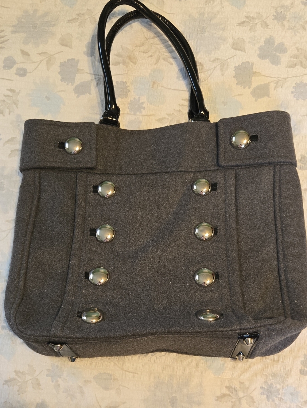 Braciano Gray Wool-Blend Tote with Black Patent Handles and Silver Accents